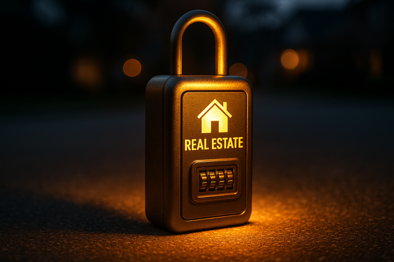 Glowing lockbox with 'Real Estate' label and combination dial representing secure access